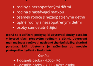 Nabídka ubytování na charitní ubytovně v Hodoníně